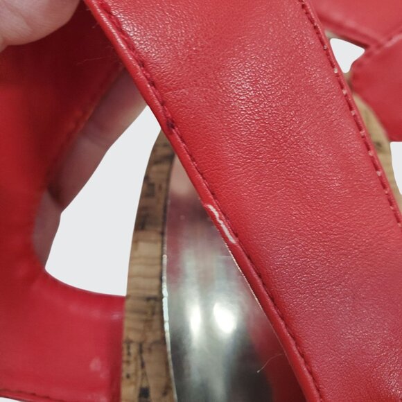 Pesaro Red Faux Leather Peep Toe Sandals With Cork Sole & Gold Buckle Size 11M - Picture 10 of 11